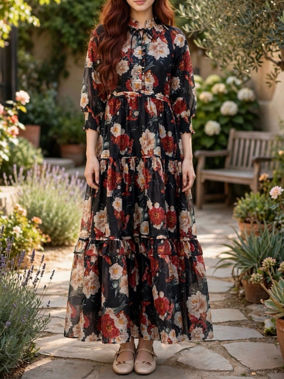 Dainty Jewells Floral Maxi Dress Size Large Puff Sleeve Ruffle Collar Like New